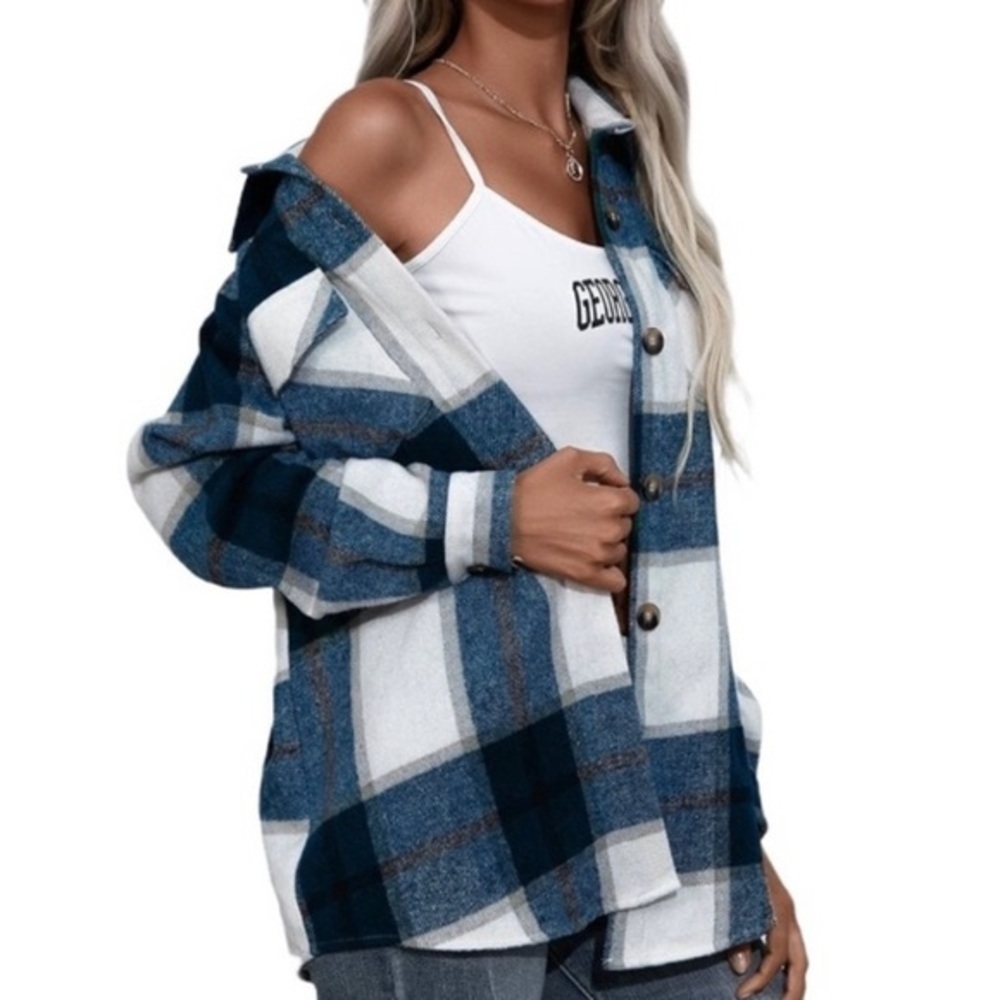 PLAID BUTTON DOWN SHACKET JACKET BLUE SIZES SMALL - MEDIUM - LARGE - XLARGE - Picture 2 of 7